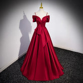 BXOXO Evening Dresses Red Short Sleeves Pleat Floor-Length Lace Up A-Line Elegant Boat Neck Satin New Party Formal Gowns Woman